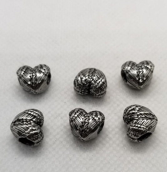 2 pieces Stainless Steel Heart with Angel Wings Spacer Beads, Angel Wings, Steel colour, 304 Stainless Steel, 10x11.5x7.5mm, Large Hole 4.5mm
