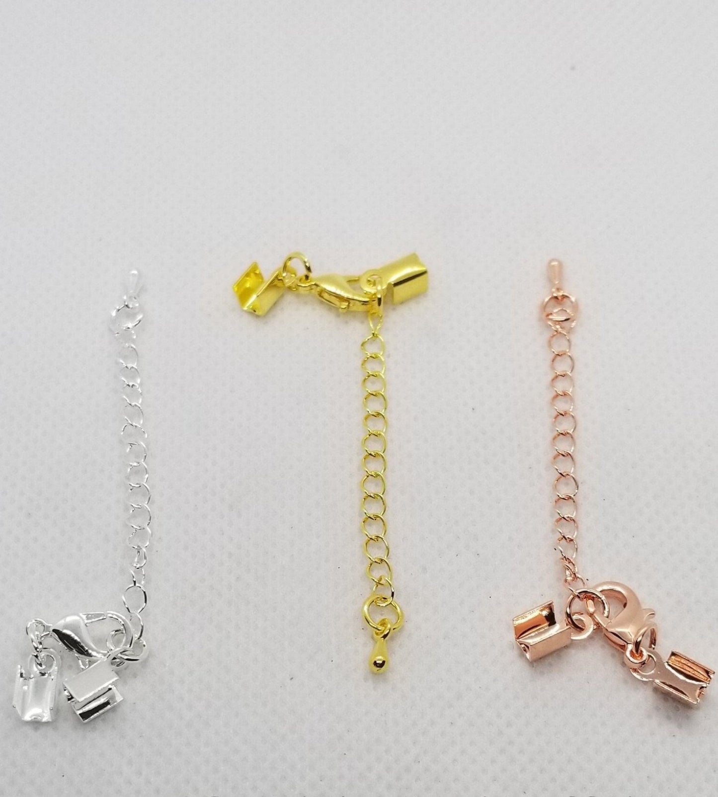 10 pcs Lobster Claw Clasps w Chain Extender and Folding Crimp Ends, Silver, Gold, Rose Gold, Chain 56~62mm long, Clasp 12x8x3mm, End 9x4mm