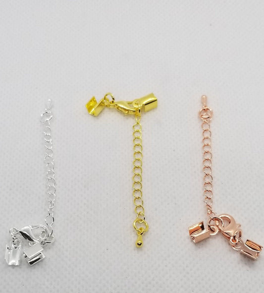10 pcs Lobster Claw Clasps w Chain Extender and Folding Crimp Ends, Silver, Gold, Rose Gold, Chain 56~62mm long, Clasp 12x8x3mm, End 9x4mm