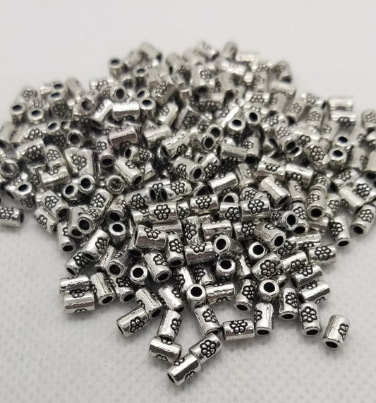 20 pcs Silver Column with Flower Spacer Bead, Tibetan Style, Lead, Cadmium Free, Column, Antique Silver, 3.5mm diameter, 5mm long, Hole 1mm