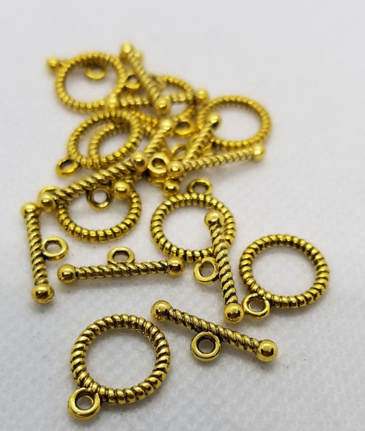 5 sets Golden Rope Toggle Clasp, Tibetan Style, Optional Golden Jump Rings, Antique Gold, Ring 13x16mm, Bar 6x18mm, Hole 2mm