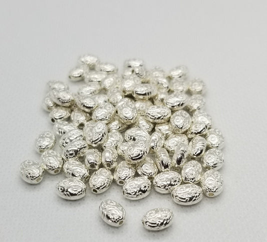 10 pieces Bright Silver Oval Spacer Bead, Stamped Flowers, Tibetan Style Alloy, Lead, Cadmium Free, Silver Color Plated, 8x6x4mm, hole 1mm