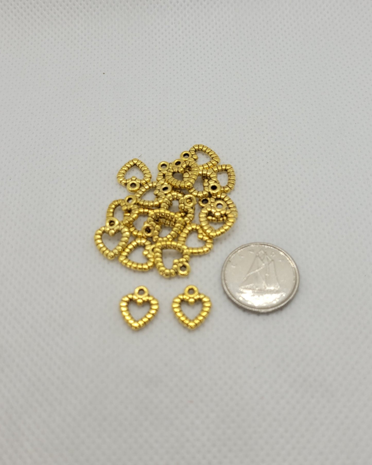 10 pieces Antique Golden Vintage-inspired Heart Charms, Lead Cadmium Free, 9.5x11mm, 1mm Hole, Optional Golden Jump Rings available