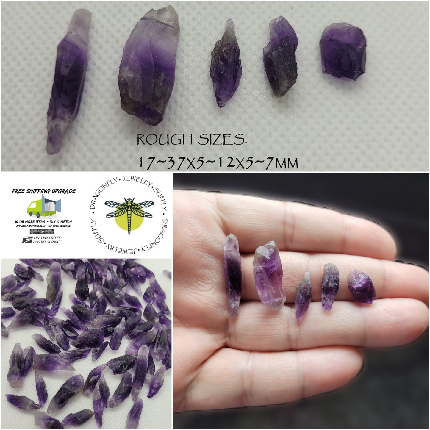 10 pieces Rough Raw Natural Amethyst Points, Small, Loose, Top Drilled, Not Strung, 17~37x5~12x5~7mm, Hole:0.8mm