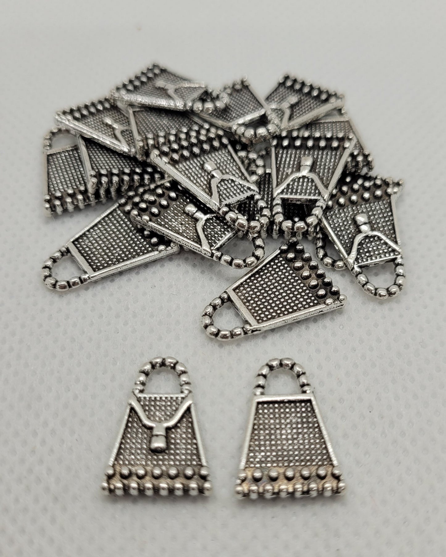 10 pieces Antique Silver Purse Charm Pendant, Tibetan Style, Lead, Cadmium, Nickel Free, 16.5x12x2mm, Hole 3mm, Optional Silver Jump Rings