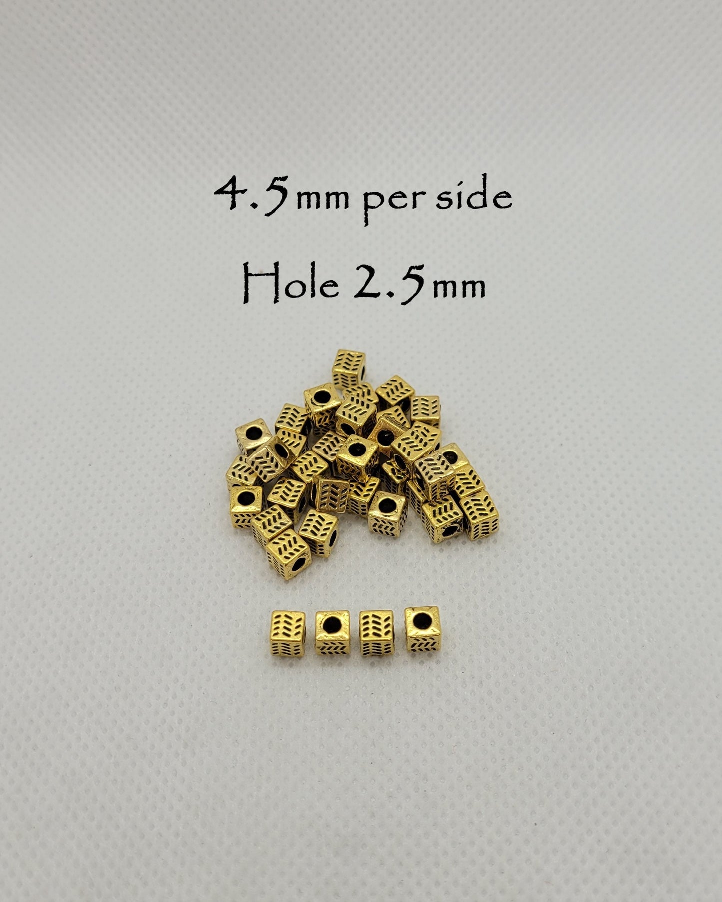 20 pieces Golden Cube Spacer Bead, Etched, Tibetan Style Alloy, Antique Golden, Lead, Cadmium, Nickel Free, 4.5x4.5x4.5mm, Hole 2.5mm