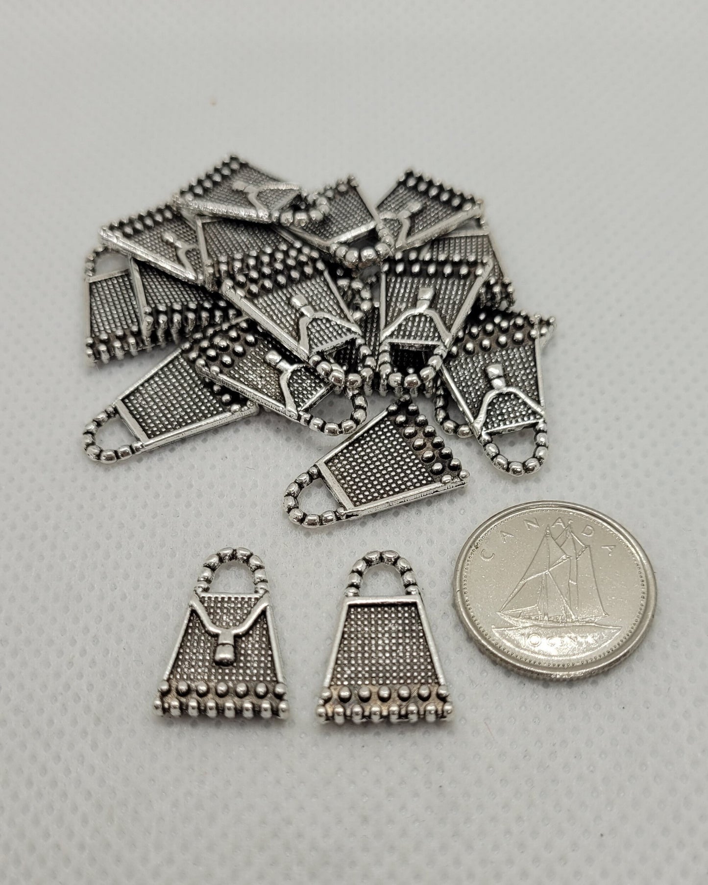 10 pieces Antique Silver Purse Charm Pendant, Tibetan Style, Lead, Cadmium, Nickel Free, 16.5x12x2mm, Hole 3mm, Optional Silver Jump Rings