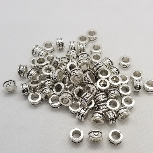 10 pieces Antique Silver Column with Heart Spacer Bead, Tibetan Style Alloy, Large Hole Beads, Lead, Cadmium Free, 8x4.5mm, Hole 5.5mm
