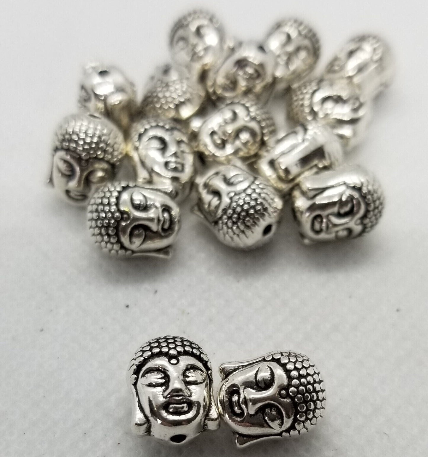 10 pieces Silver Buddha Head, Tibetan Style, Cadmium, Lead Free, Antique Silver, 11x9x8mm, Hole 1.5mm top to bottom