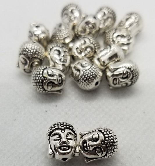 10 pieces Silver Buddha Head, Tibetan Style, Cadmium, Lead Free, Antique Silver, 11x9x8mm, Hole 1.5mm top to bottom