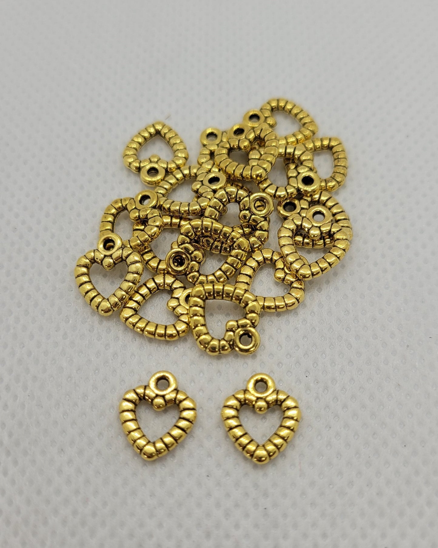 10 pieces Antique Golden Vintage-inspired Heart Charms, Lead Cadmium Free, 9.5x11mm, 1mm Hole, Optional Golden Jump Rings available