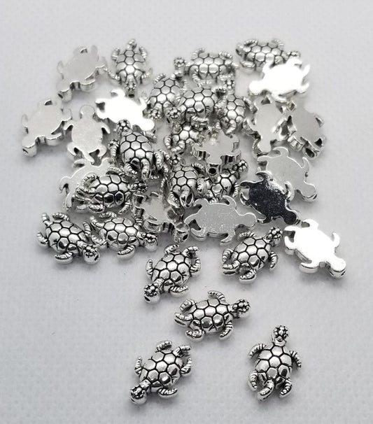 10 pieces Sea Turtle Charm, Tibetan Style Spacer Bead, Tortoise, Turtle, Lead free, Antique Silver, 12x9x4mm, Hole 1mm, Hole is nose to tail