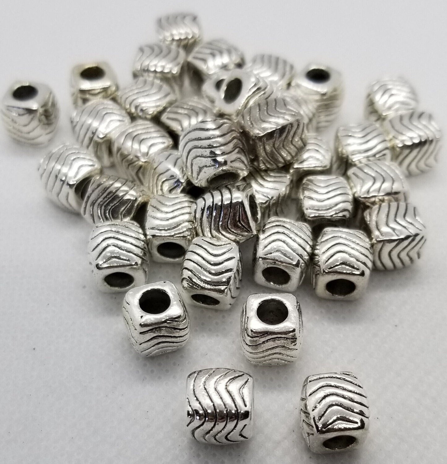 5 pieces Silver Cube with Etched Wave, Tibetan Style Alloy, Large Hole Beads, Lead, Cadmium Free, Antique Silver, 10x9mm, Hole 4.5mm
