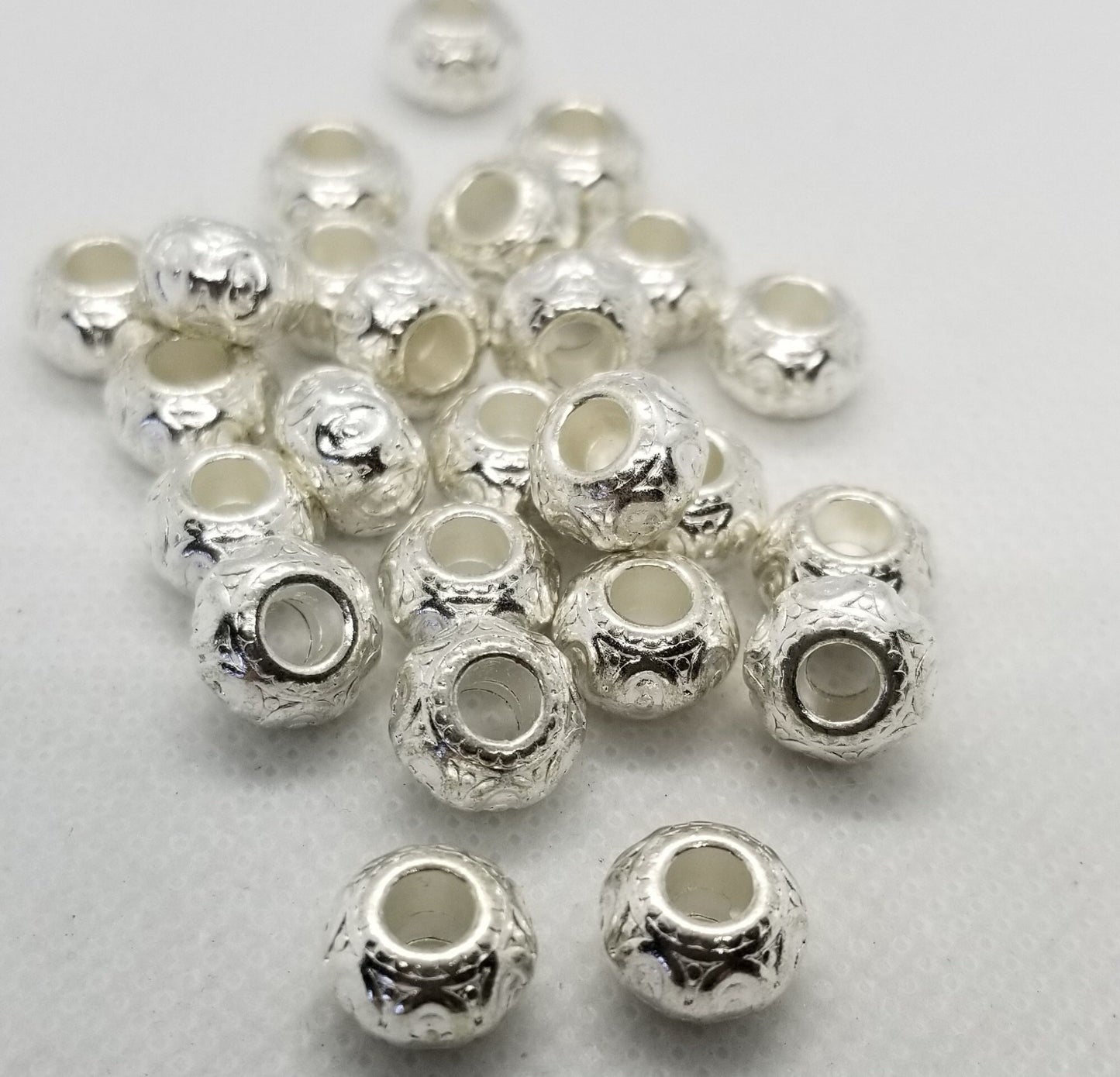 5 pieces Silver Rondelle, Stamped Pattern, Brass Alloy, Cadmium, Lead Free, Silver Color Plated, 10x7mm, Large Hole 3mm