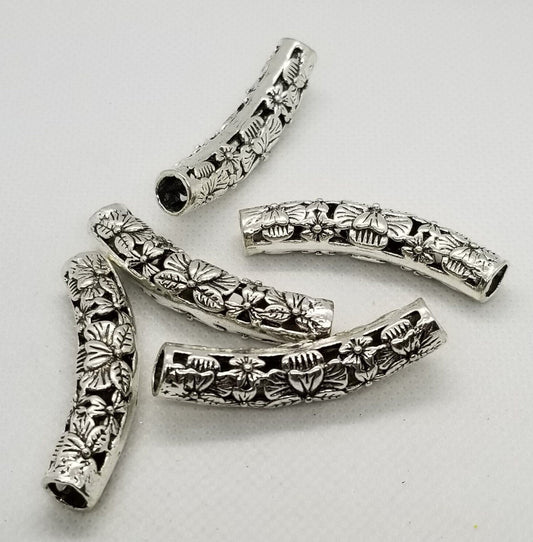 2 pieces Silver Curved Tube Beads, Open Metalwork, Curved Column with Flowers, Cadmium & Lead Free, 48x9x10mm, Large Hole 6.5mm