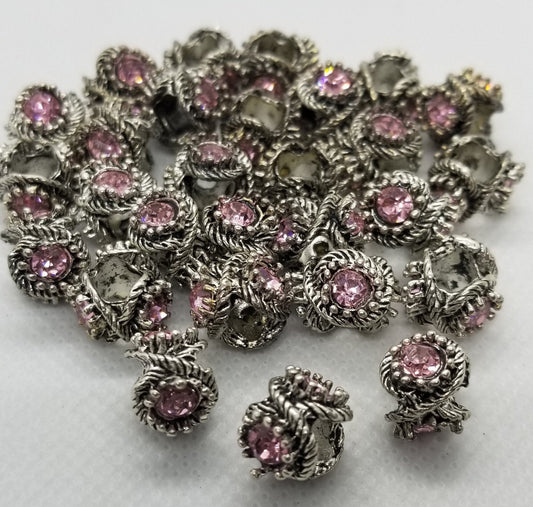 2 pieces Unique Silver and Large Pink Rhinestone Spacer, 3 sided, Large Hole Bead, 3 Glass Rhinestones, 13x9.5mm, Hole 5mm, Hair Jewelry