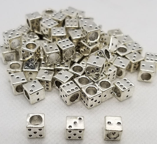 10 pieces Large Hole Silver Dice, Tibetan Style Alloy Beads, Lucky Dice, Cadmium, Lead Free, Antique Silver, 7.5x7x7mm, Hole 5mm