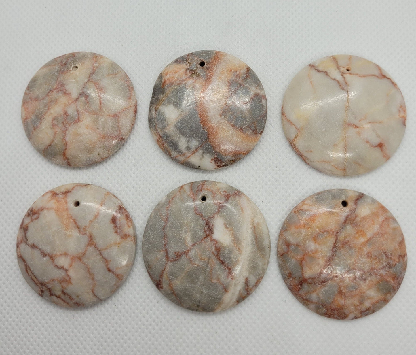 2 pcs Unique Redline Marble Cabochon, Natural, Round, about 37-38mm diameter, 7mm wide at middle, 4mm wide edge, Hole 1mm