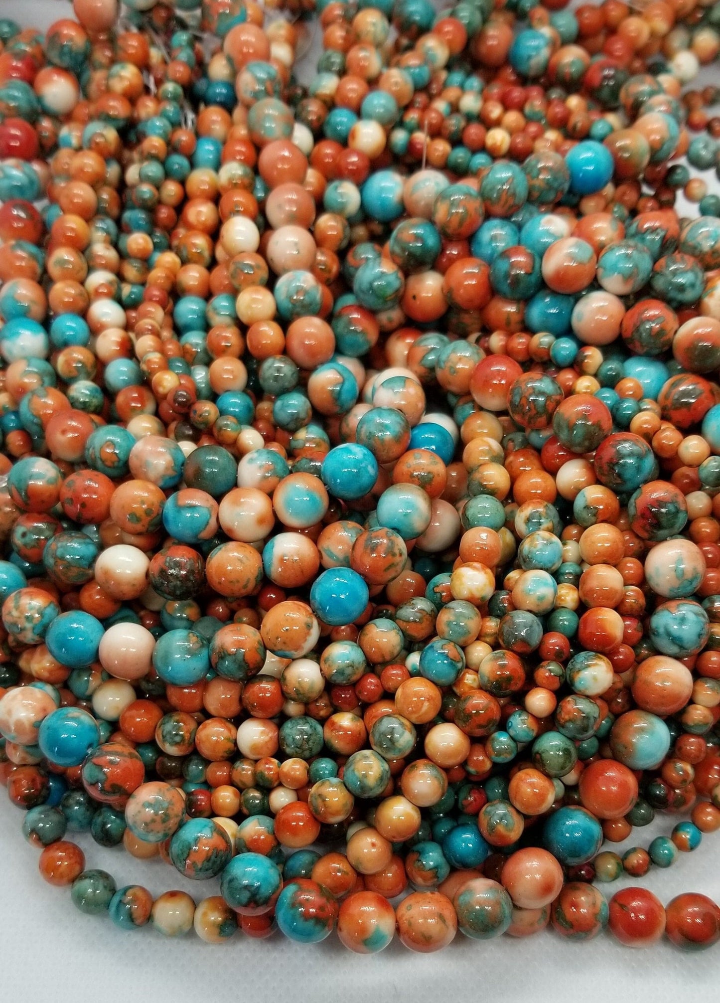 1 strand Ocean White Jade Beads, Dyed Turquoise and Rust, Round, Polished, 4-6-8mm, Hole 1mm, 15.5 inch full strand, See description