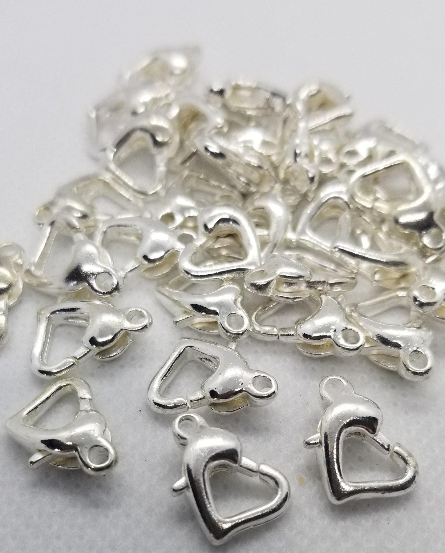 10 pcs Bright Silver Lobster Claw Clasps, Connector, Heart shape, Platinum, Nickel Free, about 9x12x4mm, hole 1.2mm