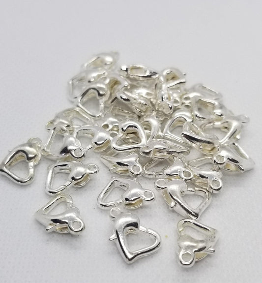 10 pcs Bright Silver Lobster Claw Clasps, Connector, Heart shape, Platinum, Nickel Free, about 9x12x4mm, hole 1.2mm