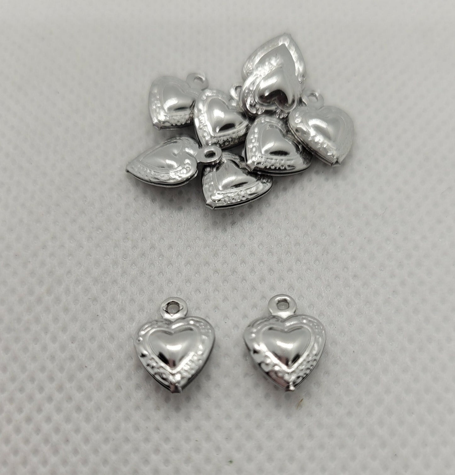 Silver Heart Charms, 304 Stainless Steel, 10 pcs, Hollow Design, 12x9x3mm, Hole 1mm, Very lightweight, Puffy Heart pendant, Jewelry Supplies