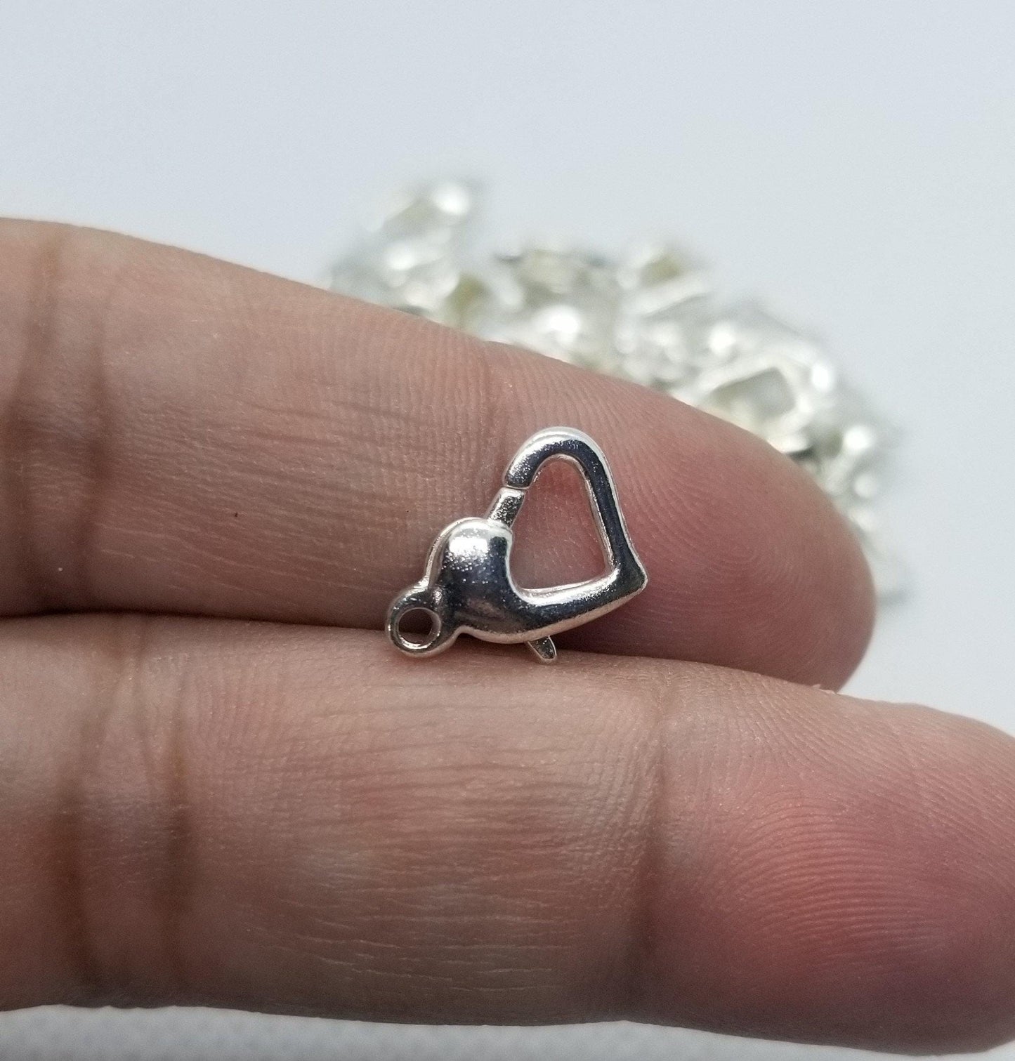 10 pcs Bright Silver Lobster Claw Clasps, Connector, Heart shape, Platinum, Nickel Free, about 9x12x4mm, hole 1.2mm