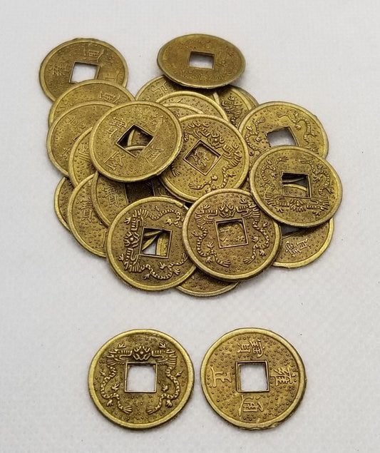Lucky Chinese I Ching Coins, Feng Shui, 10 pcs, Antique Bronze matte finish, Chinese Characters and Chinese Dragons, 20x2mm, Hole 5mm