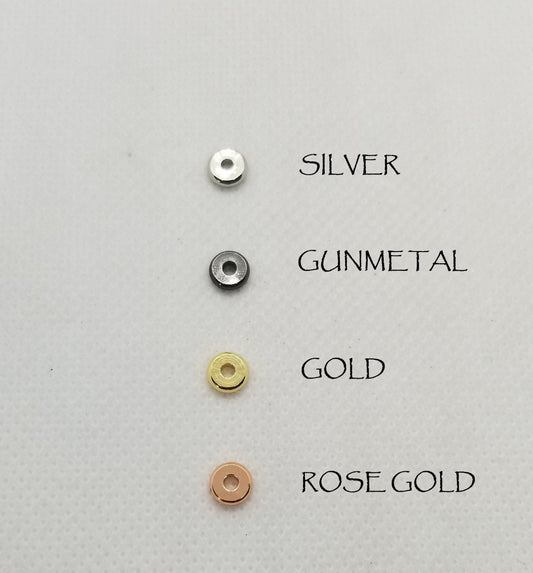 25 pieces Heishi Disc Spacer Beads, 4 Colours, Tibetan Style Alloy, Flat Round, Silver Gunmetal Gold Rose Gold, 6x1.2mm, hole 1.8mm