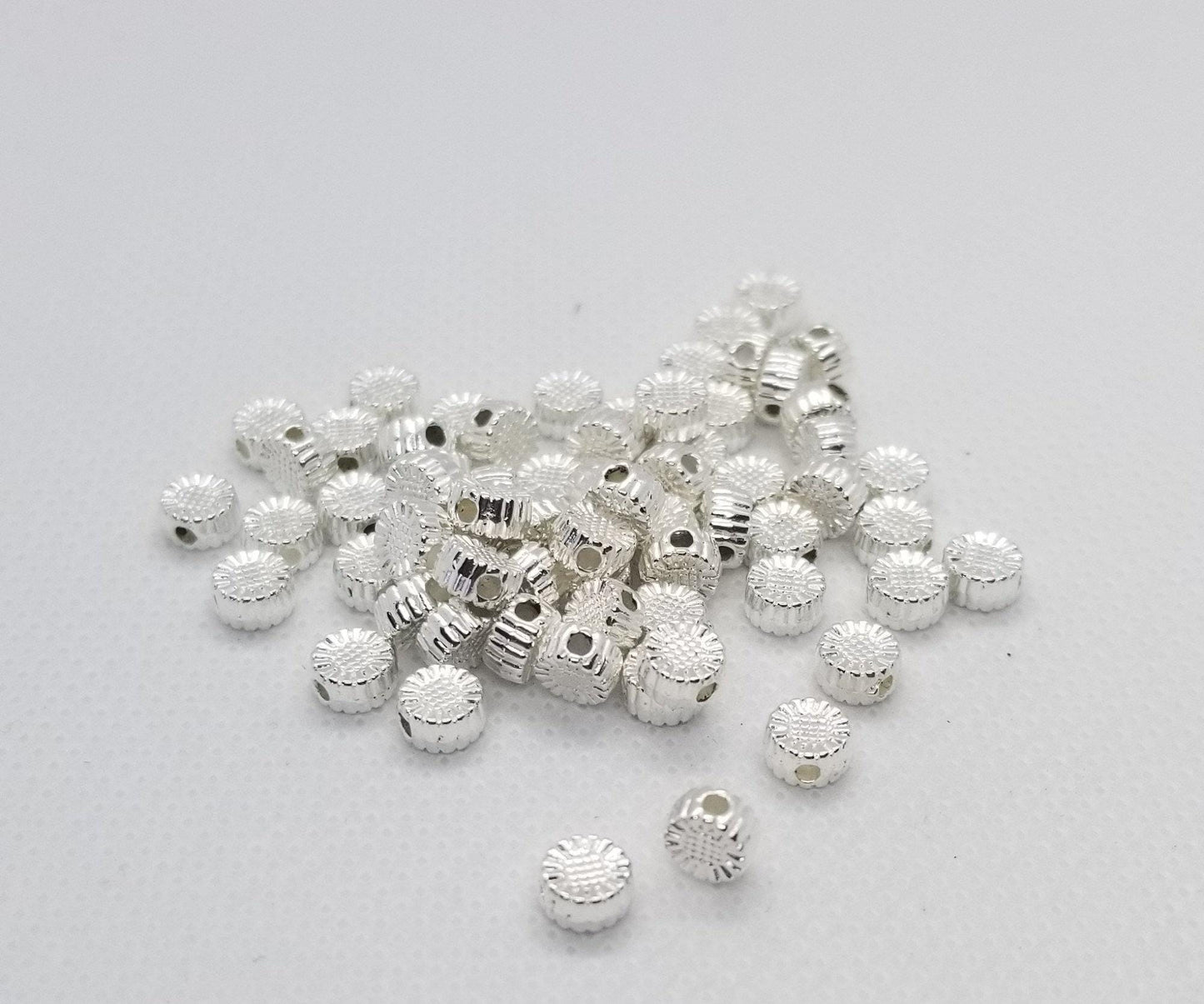 25 pieces Bright Silver Sun Spacer Bead, Disc, Tibetan Style Alloy, Platinum Color, Lead Free and Cadmium Free, 5.5x5.5x3mm, Hole 1mm