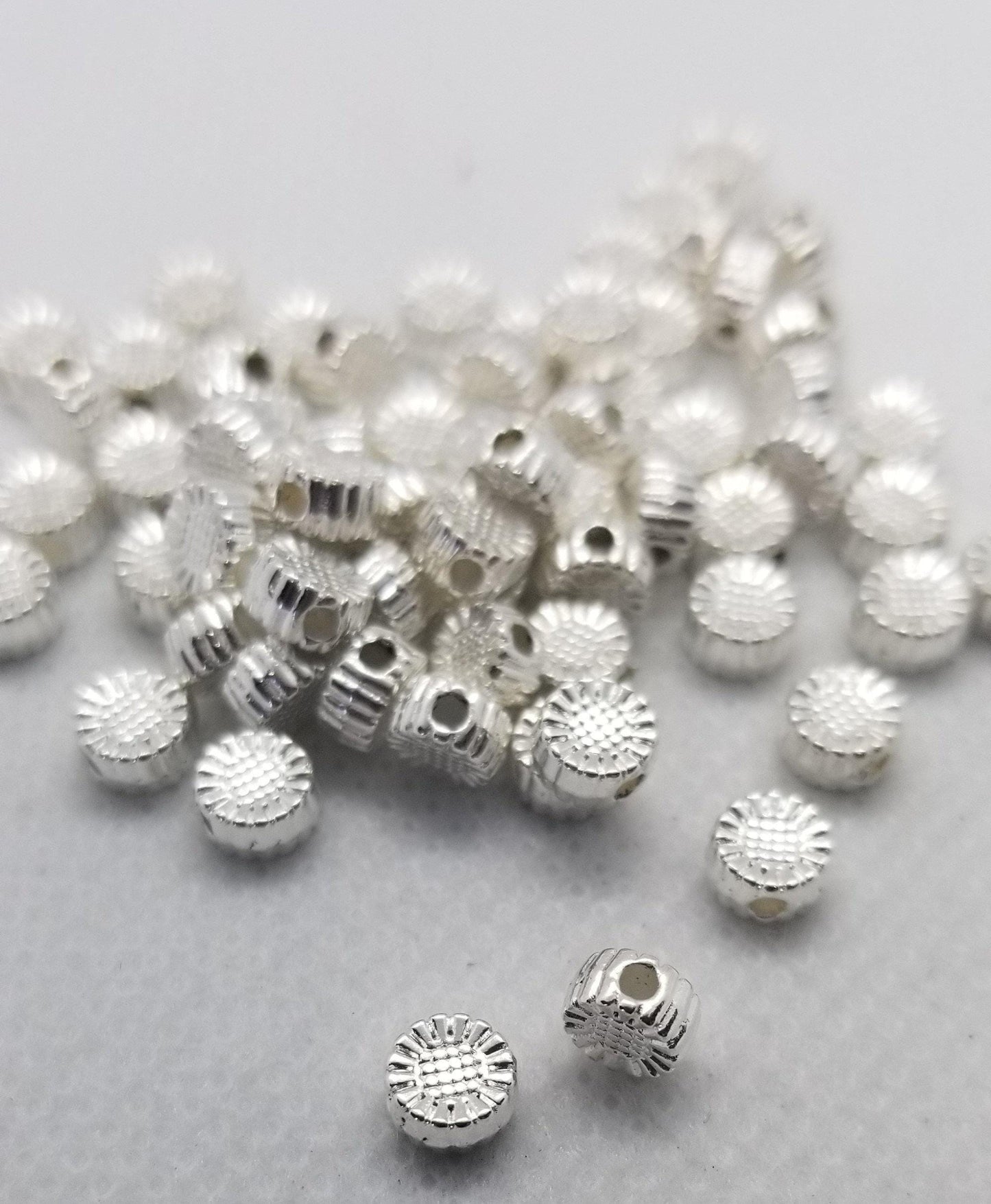 25 pieces Bright Silver Sun Spacer Bead, Disc, Tibetan Style Alloy, Platinum Color, Lead Free and Cadmium Free, 5.5x5.5x3mm, Hole 1mm