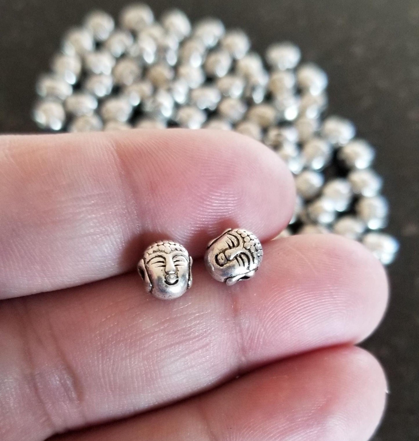 10 pieces Silver Buddha Head Charm, Tibetan Style Alloy, Spacer Beads, Lead Free, 8x7x5.5mm, Hole: 1.5mm