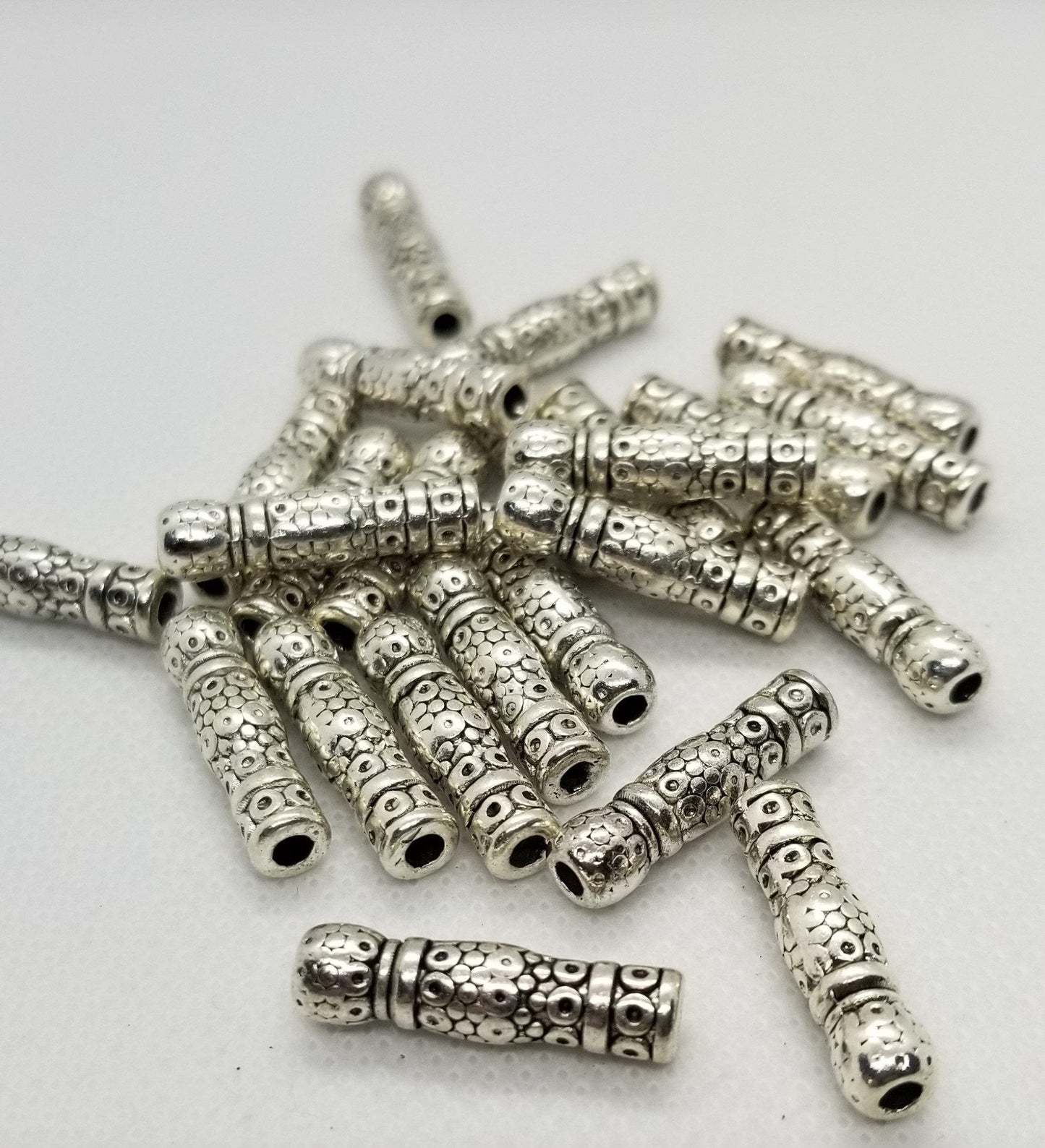 10 Pack of Etched Silver Tube Spacer Beads - Tibetan Style Alloy, Lead and Cadmium Free, Antique Silver Finish - 22.5x6mm, 3mm Hole Size