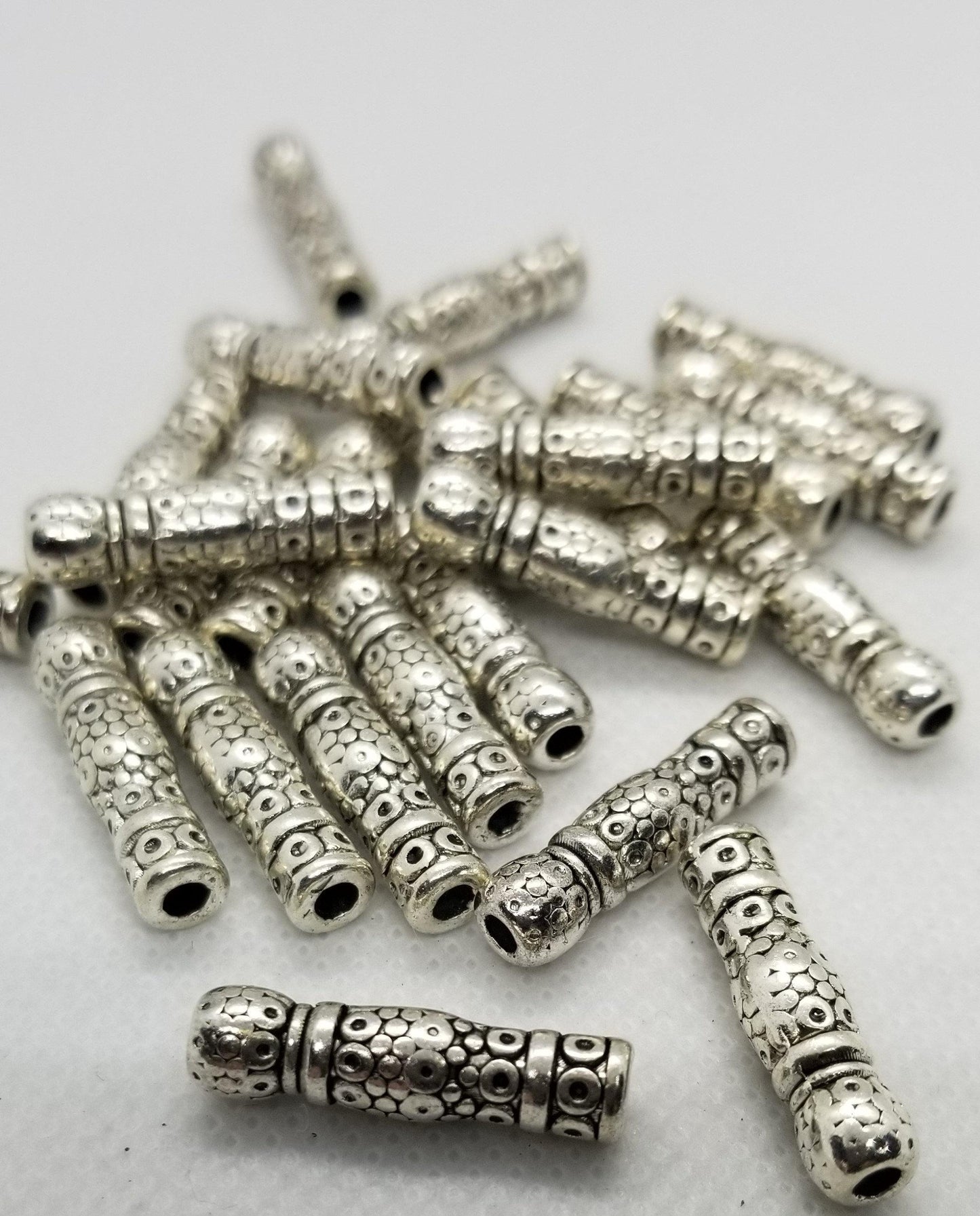 10 Pack of Etched Silver Tube Spacer Beads - Tibetan Style Alloy, Lead and Cadmium Free, Antique Silver Finish - 22.5x6mm, 3mm Hole Size
