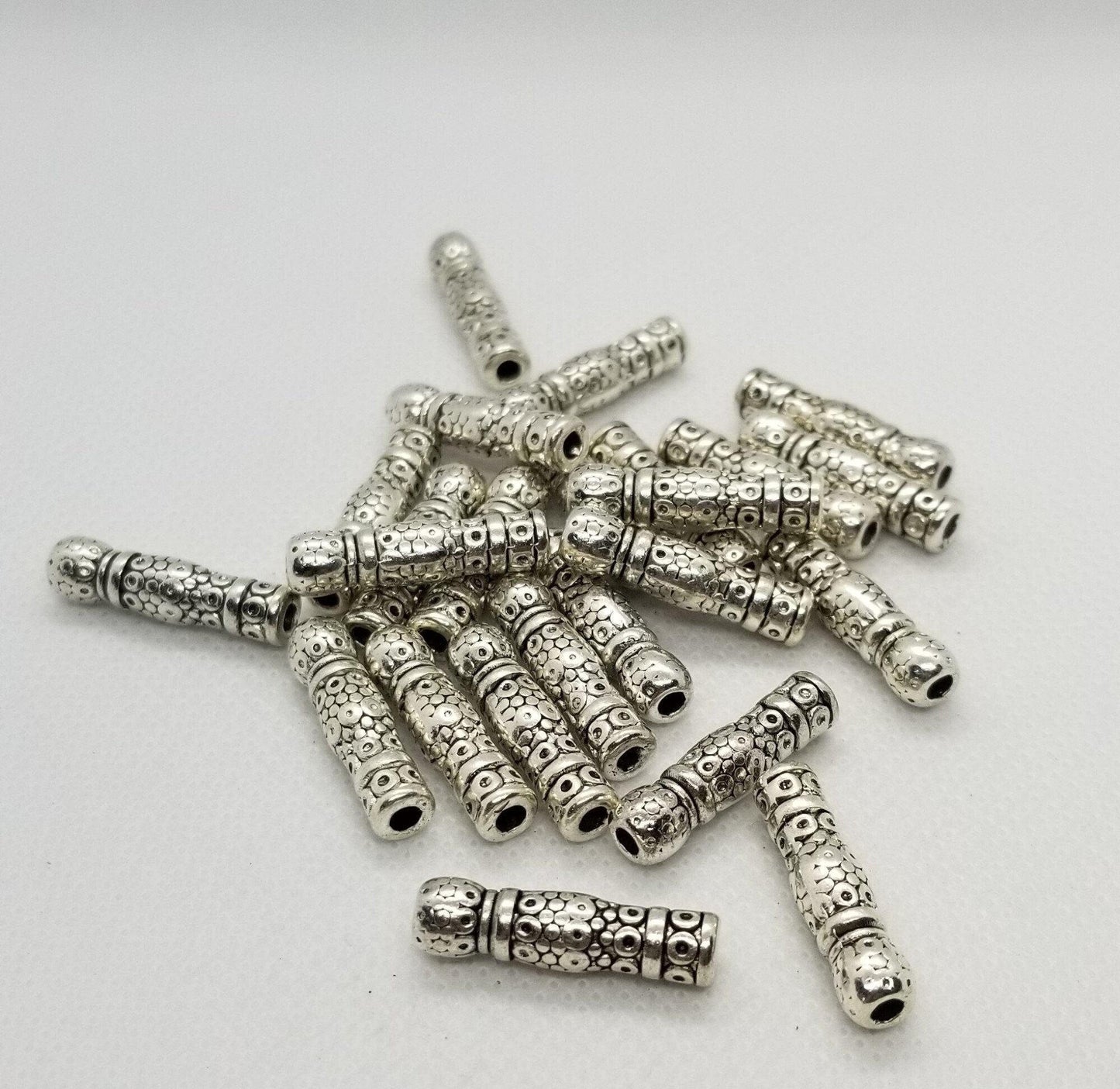 10 Pack of Etched Silver Tube Spacer Beads - Tibetan Style Alloy, Lead and Cadmium Free, Antique Silver Finish - 22.5x6mm, 3mm Hole Size
