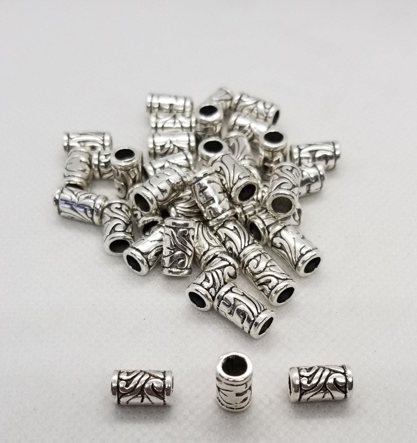 10 pieces Antique Silver Column with Flower Design, Silver Column Spacers, Cadmium, Lead Free, 11.5x7mm, Hole 4.5mm