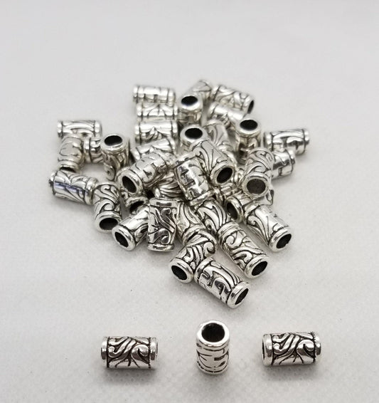 10 pieces Antique Silver Column with Flower Design, Silver Column Spacers, Cadmium, Lead Free, 11.5x7mm, Hole 4.5mm