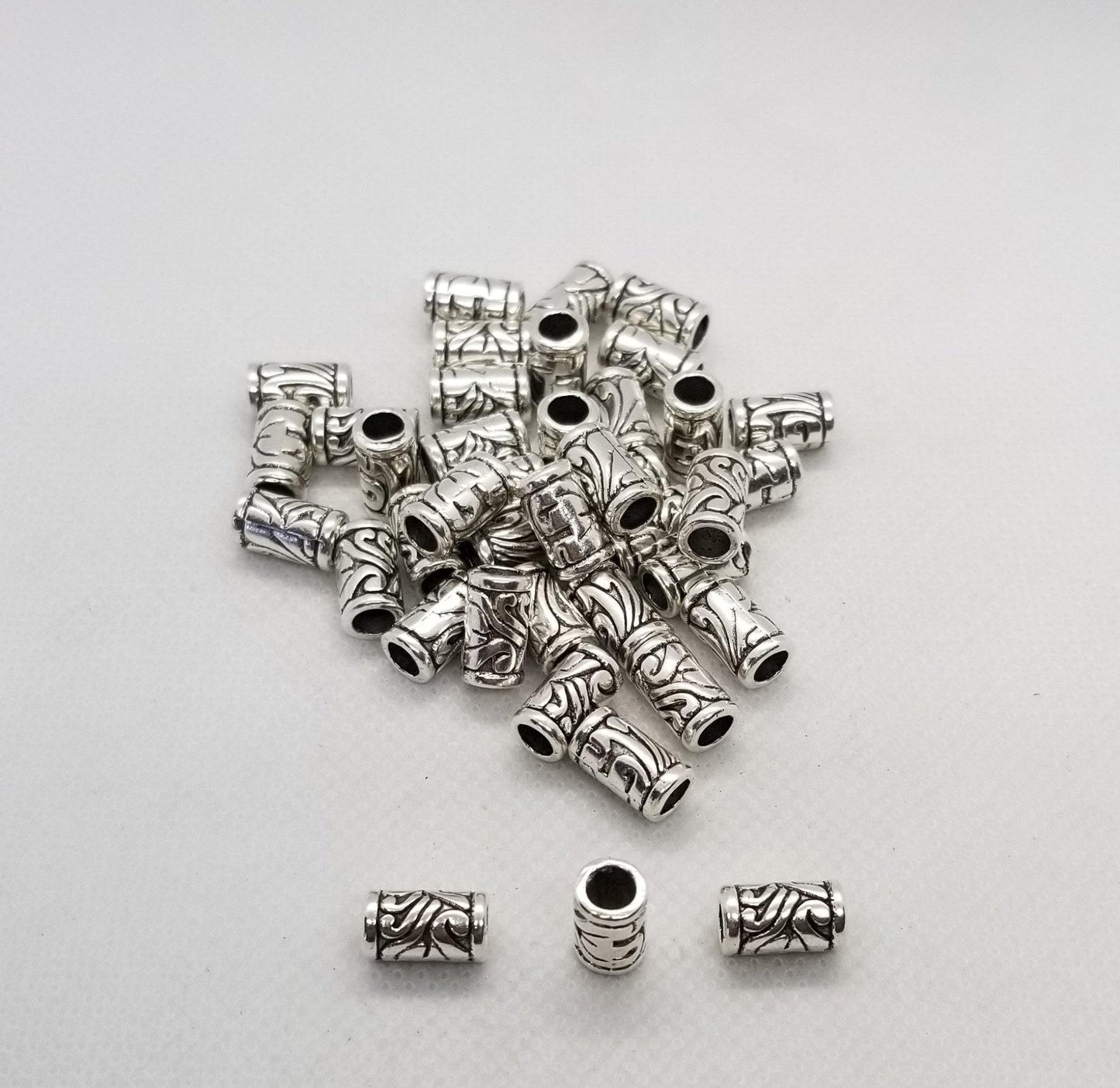 10 pieces Antique Silver Column with Flower Design, Silver Column Spacers, Cadmium, Lead Free, 11.5x7mm, Hole 4.5mm