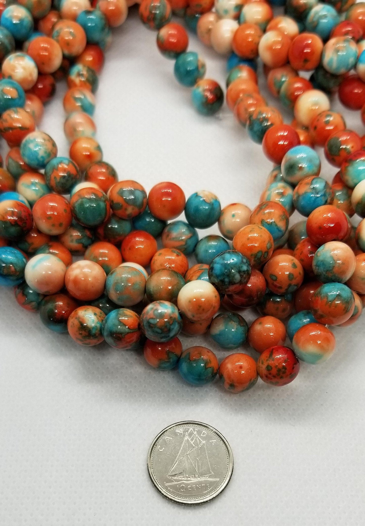 1 strand Ocean White Jade Beads, Dyed Turquoise and Rust, Round, Polished, 4-6-8mm, Hole 1mm, 15.5 inch full strand, See description