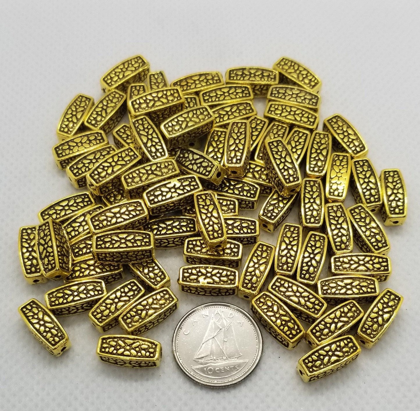 10 pcs Golden Bar Column Spacer Bead, Tibetan Style, Antique Golden Color, Lead, Nickel, Cadmium Free, about 12x5x5mm, Hole 1.5mm
