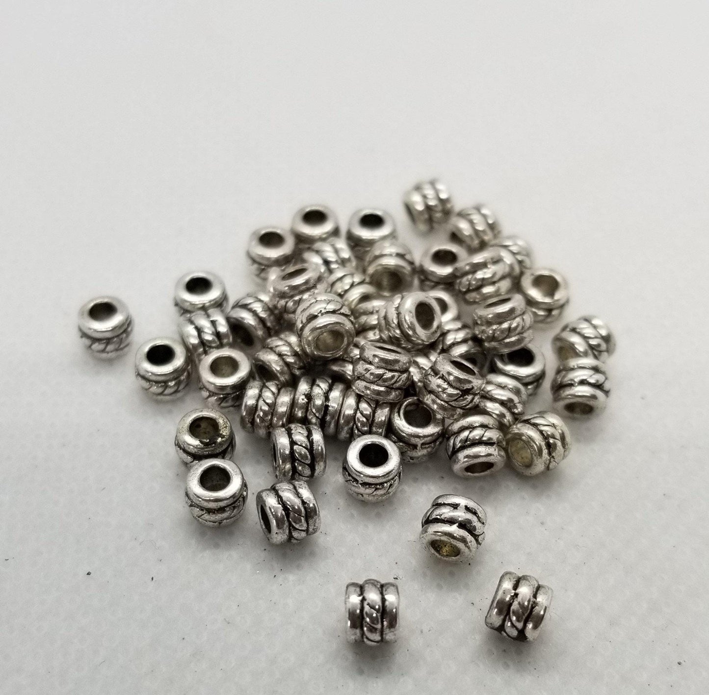 20 pieces Silver Barrel Spacer Beads, Tibetan Style Alloy, Rope Accent, Antique Silver, Lead, Cadmium, Nickel Free, 5x4mm,Hole 2mm