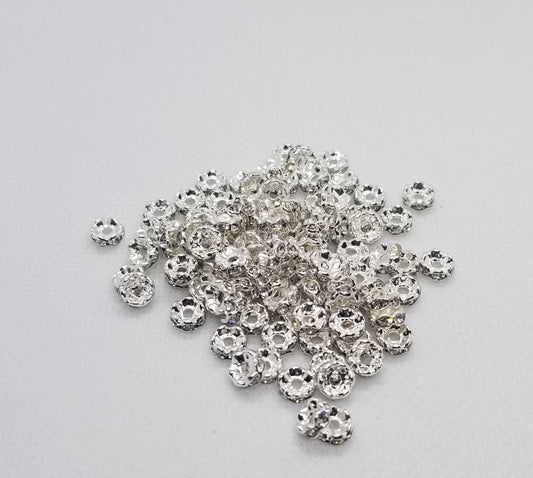 10 pieces Bright Silver Rhinestone Spacers, Shiny Silver, Sparkling Rhinestone, Rondelle, 6mm in diameter, hole 1mm