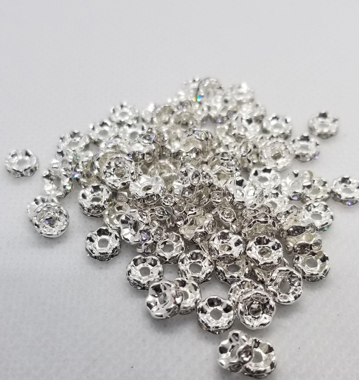 10 pieces Bright Silver Rhinestone Spacers, Shiny Silver, Sparkling Rhinestone, Rondelle, 6mm in diameter, hole 1mm