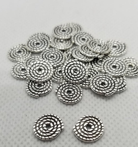 10 pieces Silver Coil Spacer Beads, Tibetan Style, Lead, Cadmium Free, Disc, Rope Coil, Antique Silver, 10x1.2mm, Hole 2mm