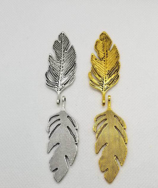 5 pcs Large Feather Pendant, Antique Silver or Gold, Lead, Nickel, Cadmium free, 62x23x2mm, hole 2mm