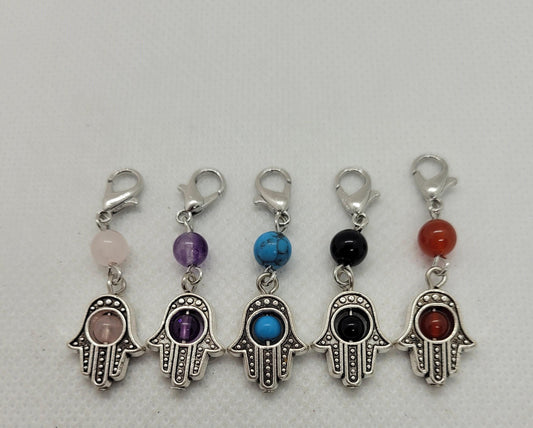 5 pcs Silver Zipper Pull, Keychain Tag w Lobster Claw, Mixed Stone Accent & Hamsa Hand/Hand of Fatima/Hand of Miriam, 40mm, see description