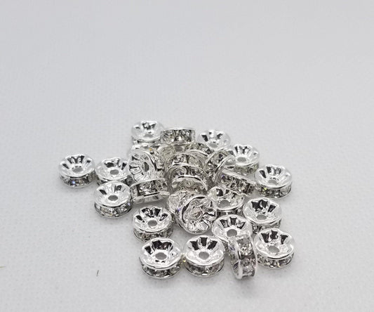 10 pieces Bright Silver Rhinestone Spacers, Nickel Free, Clear Crystal, 8x3.8mm, Hole 1.5mm, Platinum color