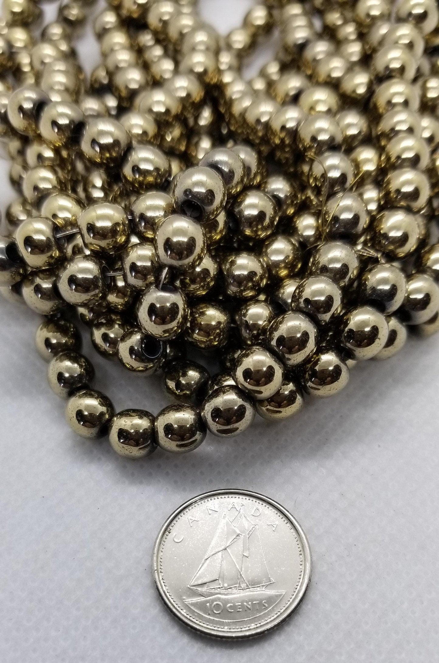 1 strand Round Gold Hematite Spacer Beads, Grade A, Non-magnetic Synthetic, Light Golden Plated, 4-6-8mm, Hole 1mm, Full Strand, see desc