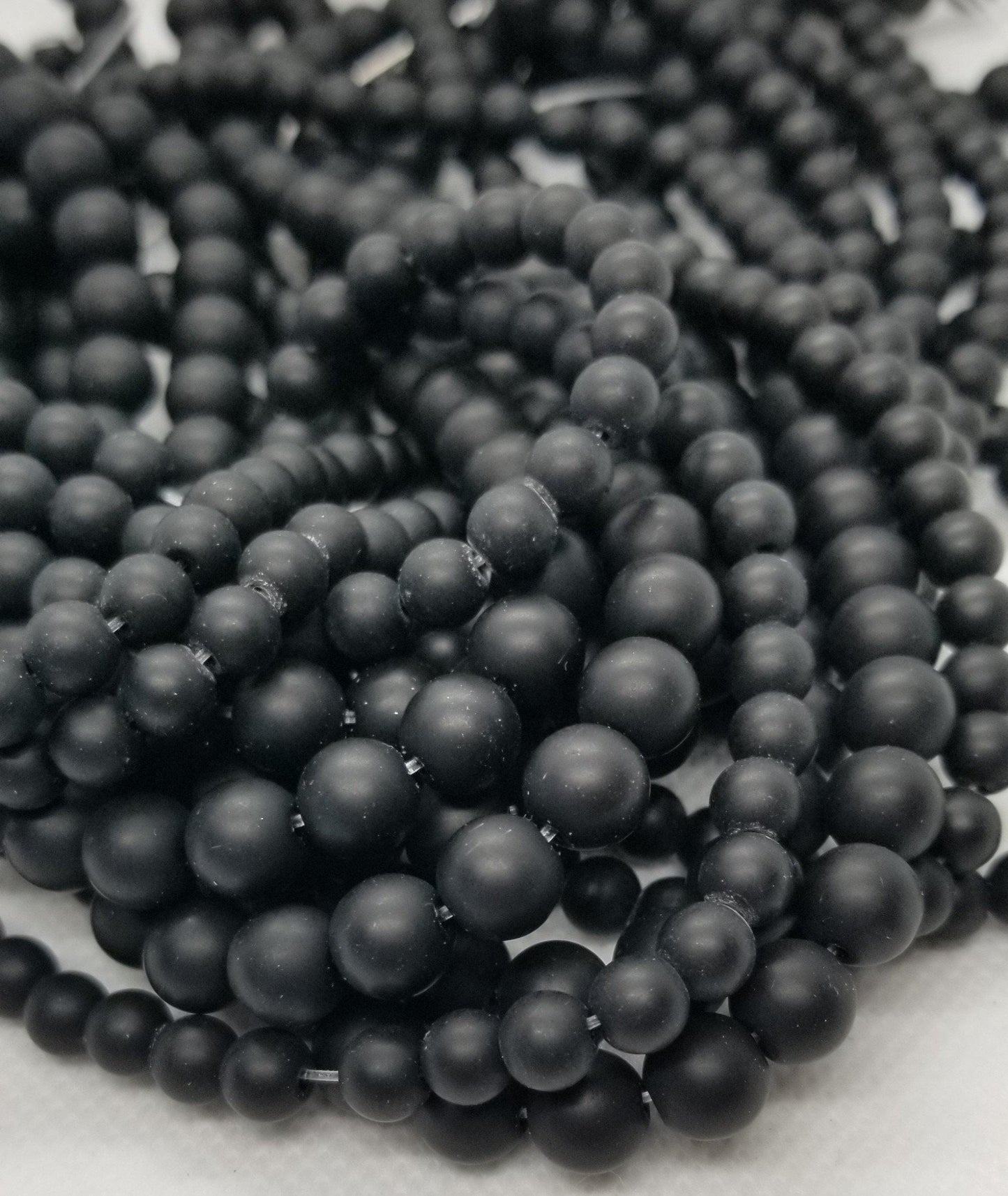 1 strand Matte Black Stone Beads, Dyed, Synthetic, Round, Frosted, 6mm and 8mm, Hole 1mm, Full 15.5 inch strand, Bead count in description
