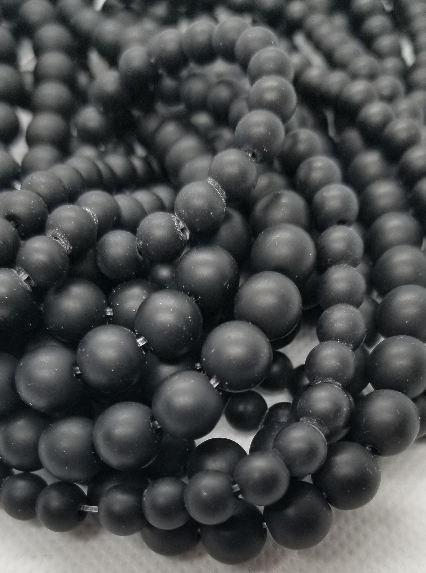 1 strand Matte Black Stone Beads, Dyed, Synthetic, Round, Frosted, 6mm and 8mm, Hole 1mm, Full 15.5 inch strand, Bead count in description